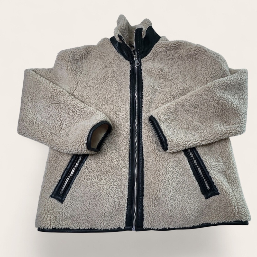 H&M M XL Sherpa Teddy Fleece Jacket Beige Black Faux Leather Full Zip Gorpcore